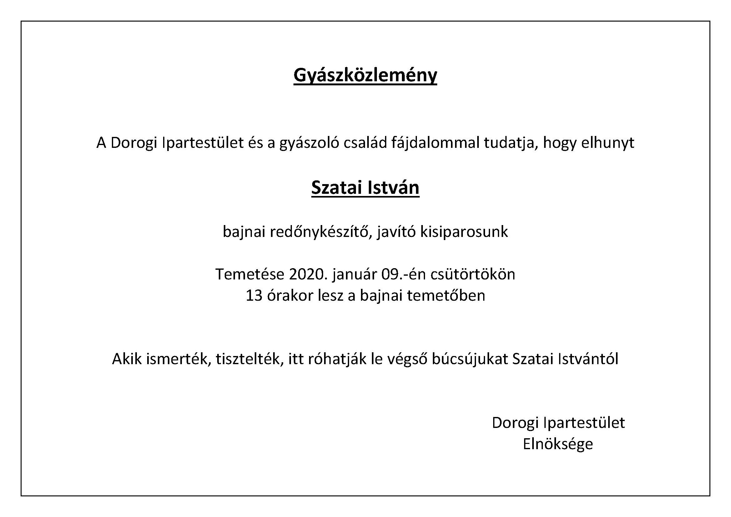 Gyaszkozlemeny Szatai Istvan