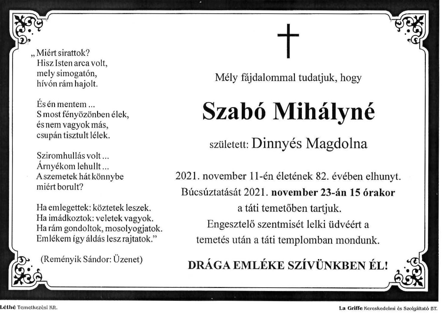 gyaszhir Szabo Mihalyne